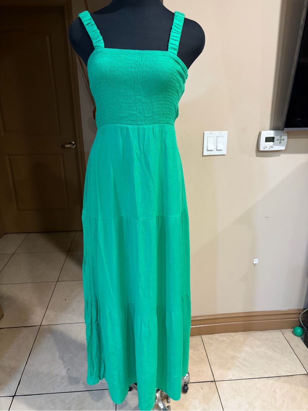 Smocked Green Maxi Dress with Ruffled Straps